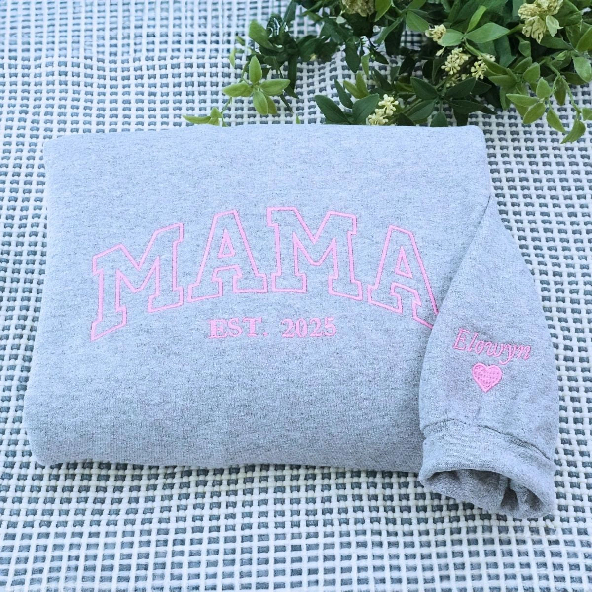 Custom Embroidered Mama Varsity Sweatshirt with EST year and Kids Names on Sleeve, Mother's Day Gift for Mom