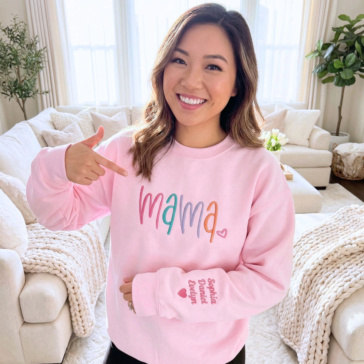 custom mama sweatshirt with embroidered kids names on sleeve personalized mothers day gift