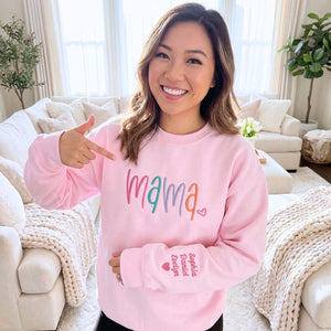 custom mama sweatshirt with embroidered kids names on sleeve personalized mothers day gift