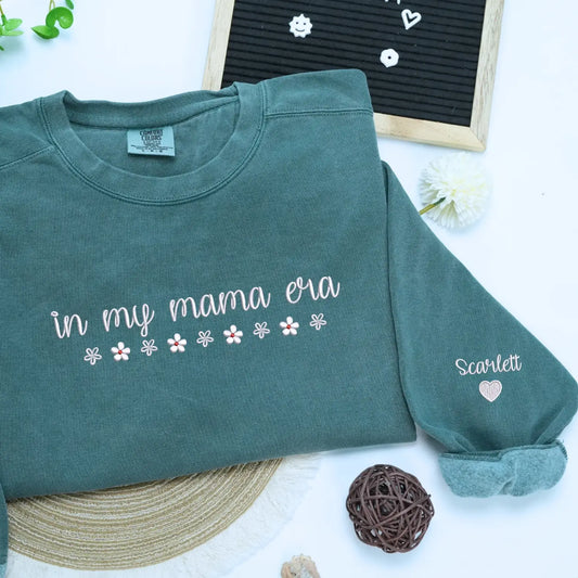 Custom embroidered In My Mama Era sweatshirt with kids names stitched on sleeve personalized gift for new moms