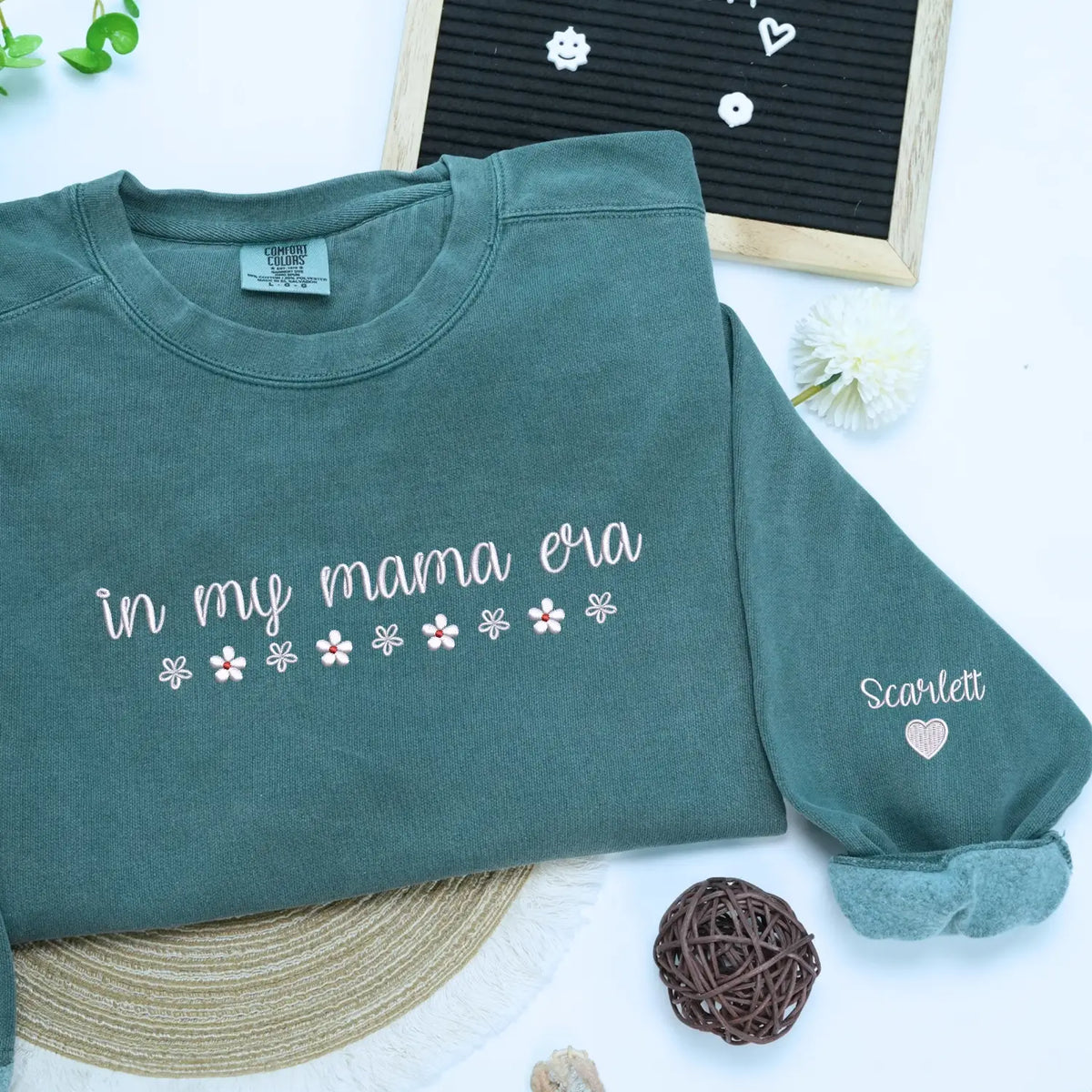 Custom embroidered In My Mama Era sweatshirt with kids names stitched on sleeve personalized gift for new moms