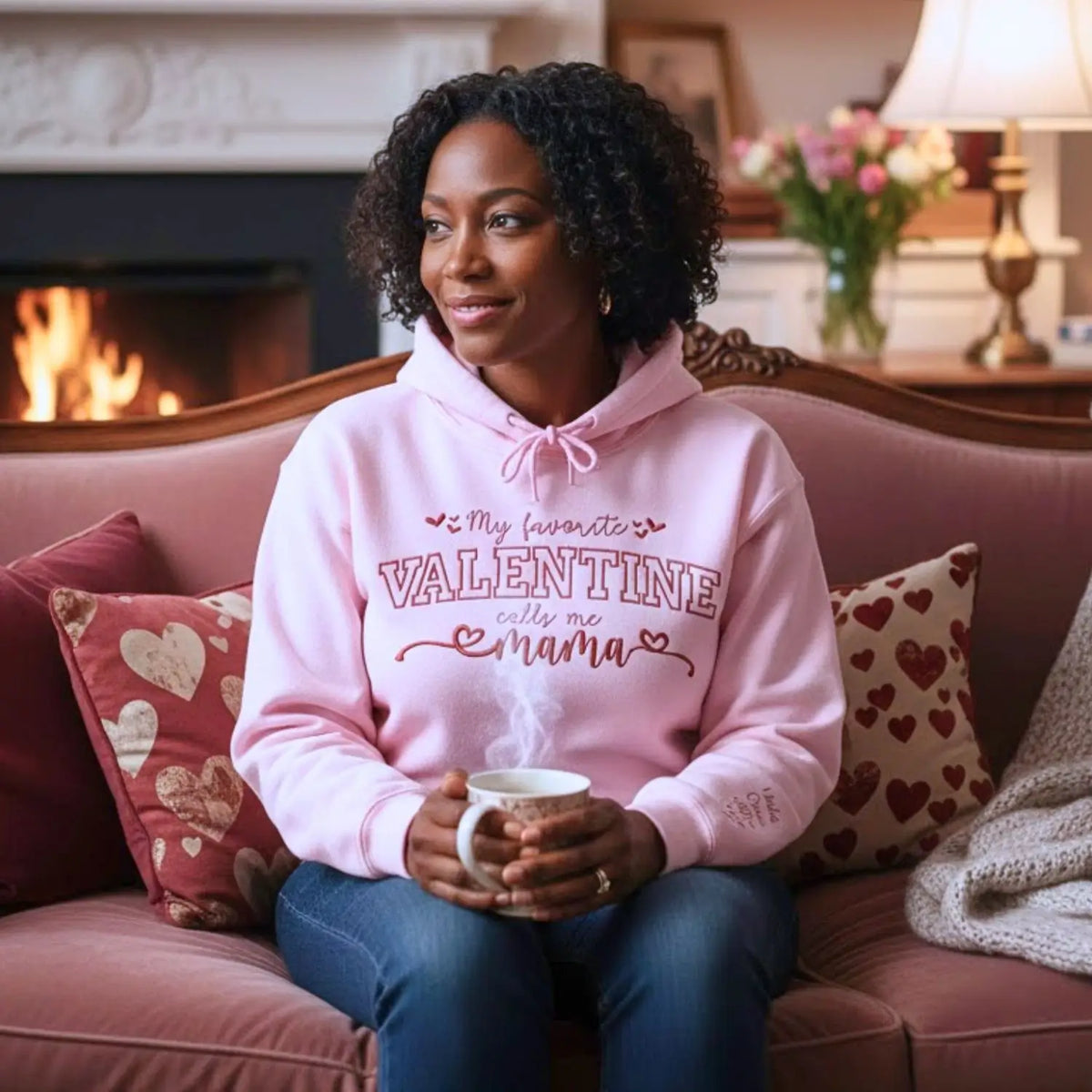 Custom embroidered mama sweatshirt with kids names on sleeve for Valentine’s Day