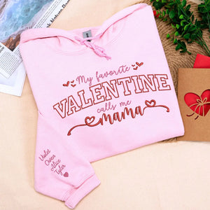 Custom embroidered mama sweatshirt with kids names on sleeve for Valentine’s Day