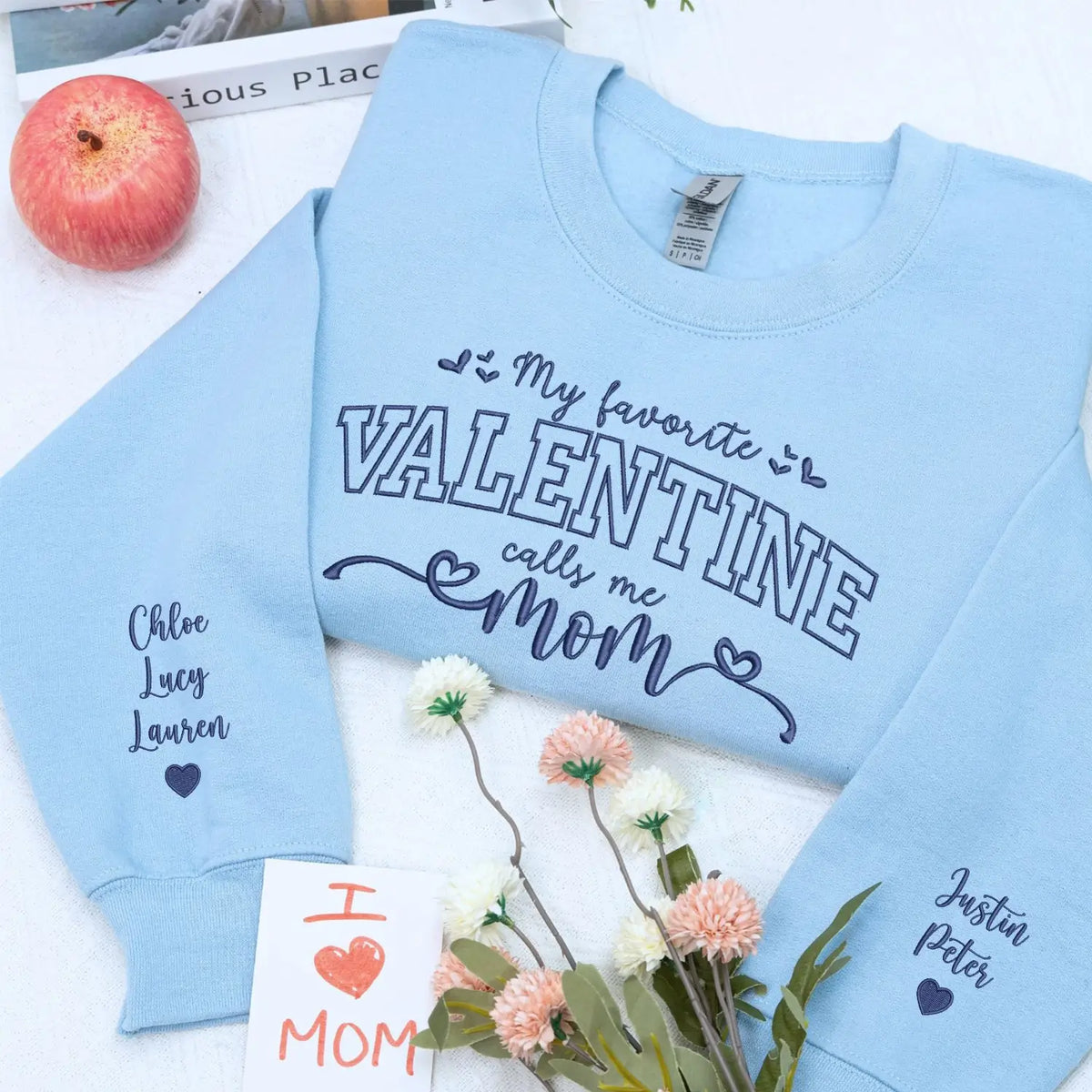 Custom embroidered mama sweatshirt with kids names on sleeve for Valentine’s Day