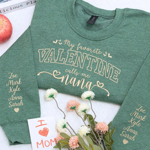 Custom embroidered mama sweatshirt with kids names on sleeve for Valentine’s Day