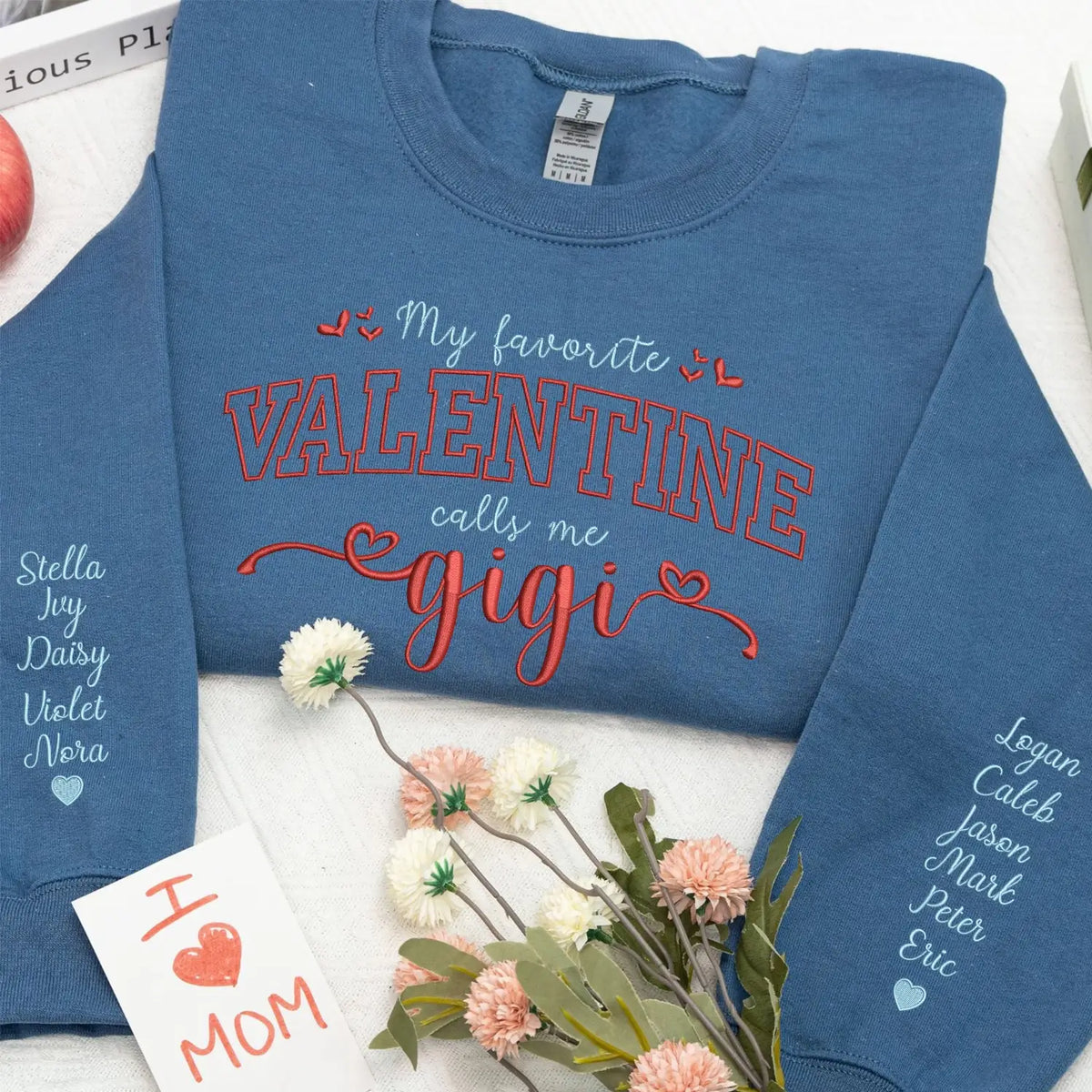 Custom embroidered mama sweatshirt with kids names on sleeve for Valentine’s Day