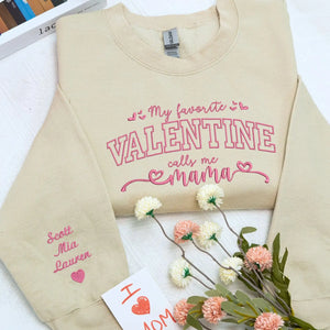 Custom embroidered mama sweatshirt with kids names on sleeve for Valentine’s Day