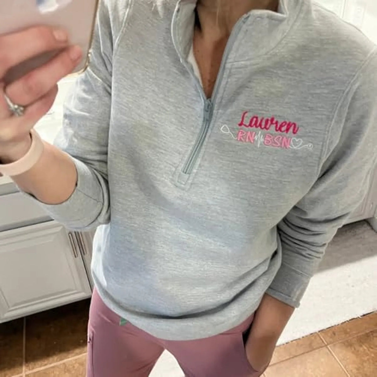 Personalized Name & Credentials Nurse Quarter Zip, Custom Minimalist RN BSN Pullover, Nurse Week Birthday Gift