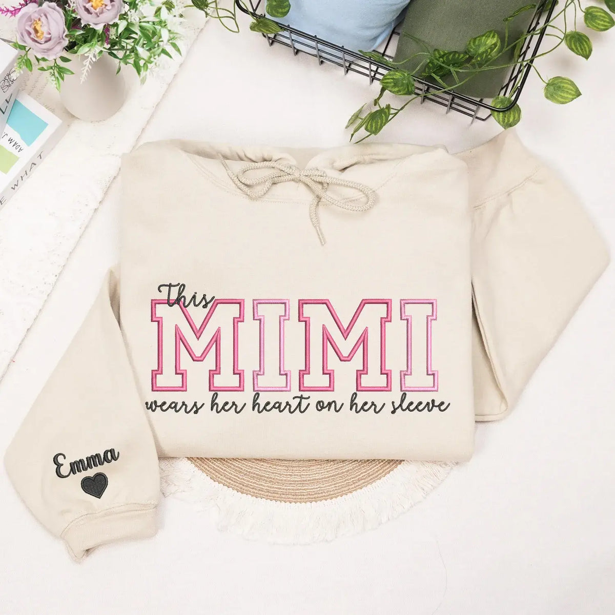 Custom embroidered Mimi sweatshirt with heart on sleeve design for personalized mother gift apparel