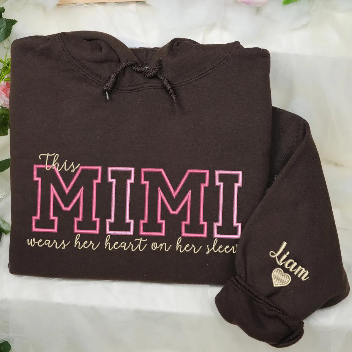 Custom embroidered Mimi sweatshirt with heart on sleeve design for personalized mother gift apparel