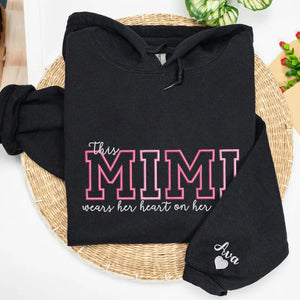 Custom embroidered Mimi sweatshirt with heart on sleeve design for personalized mother gift apparel
