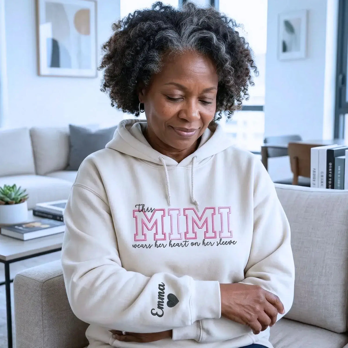 Custom embroidered Mimi sweatshirt with heart on sleeve design for personalized mother gift apparel
