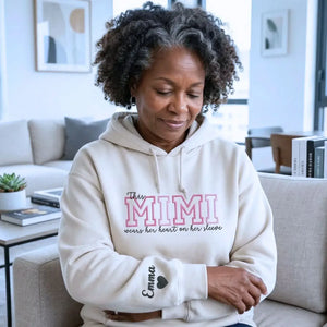 Custom embroidered Mimi sweatshirt with heart on sleeve design for personalized mother gift apparel