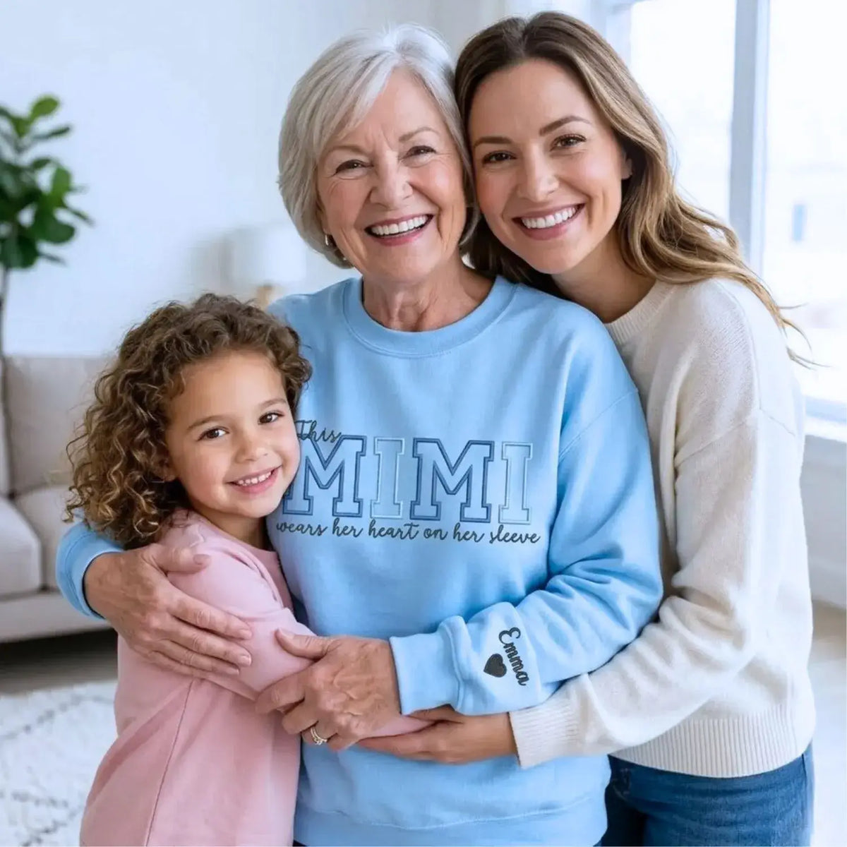 Custom embroidered Mimi sweatshirt with heart on sleeve design for personalized mother gift apparel