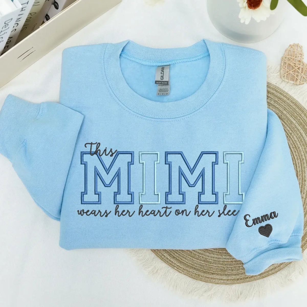 Custom embroidered Mimi sweatshirt with heart on sleeve design for personalized mother gift apparel