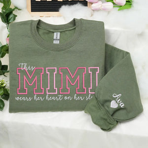 Custom embroidered Mimi sweatshirt with heart on sleeve design for personalized mother gift apparel