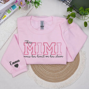 Custom embroidered Mimi sweatshirt with heart on sleeve design for personalized mother gift apparel
