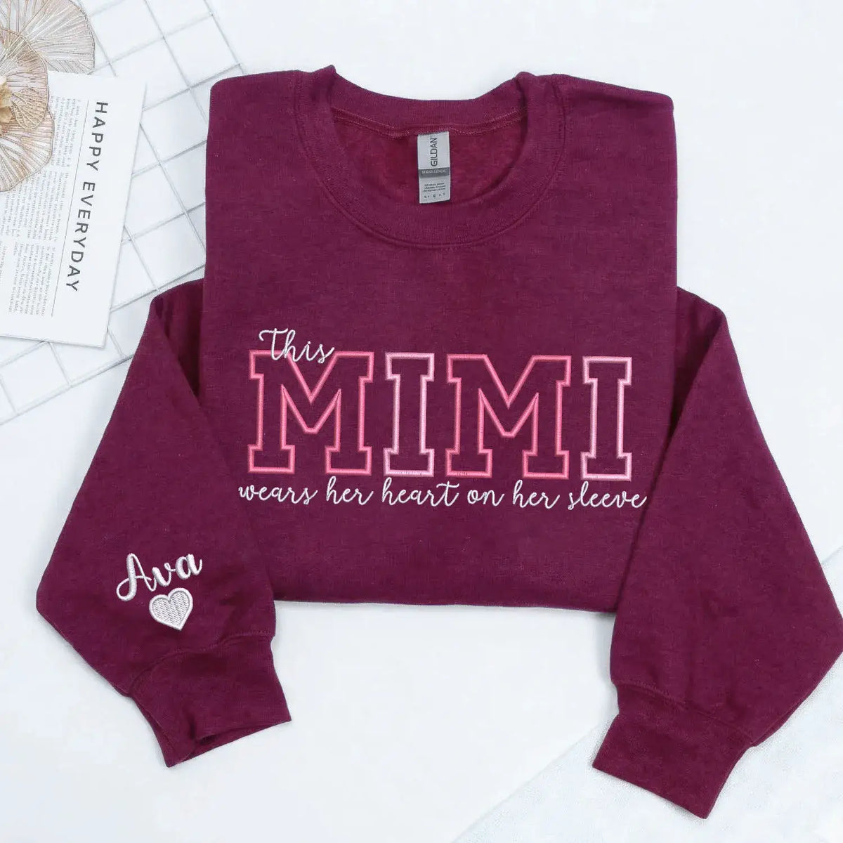 Custom embroidered Mimi sweatshirt with heart on sleeve design for personalized mother gift apparel