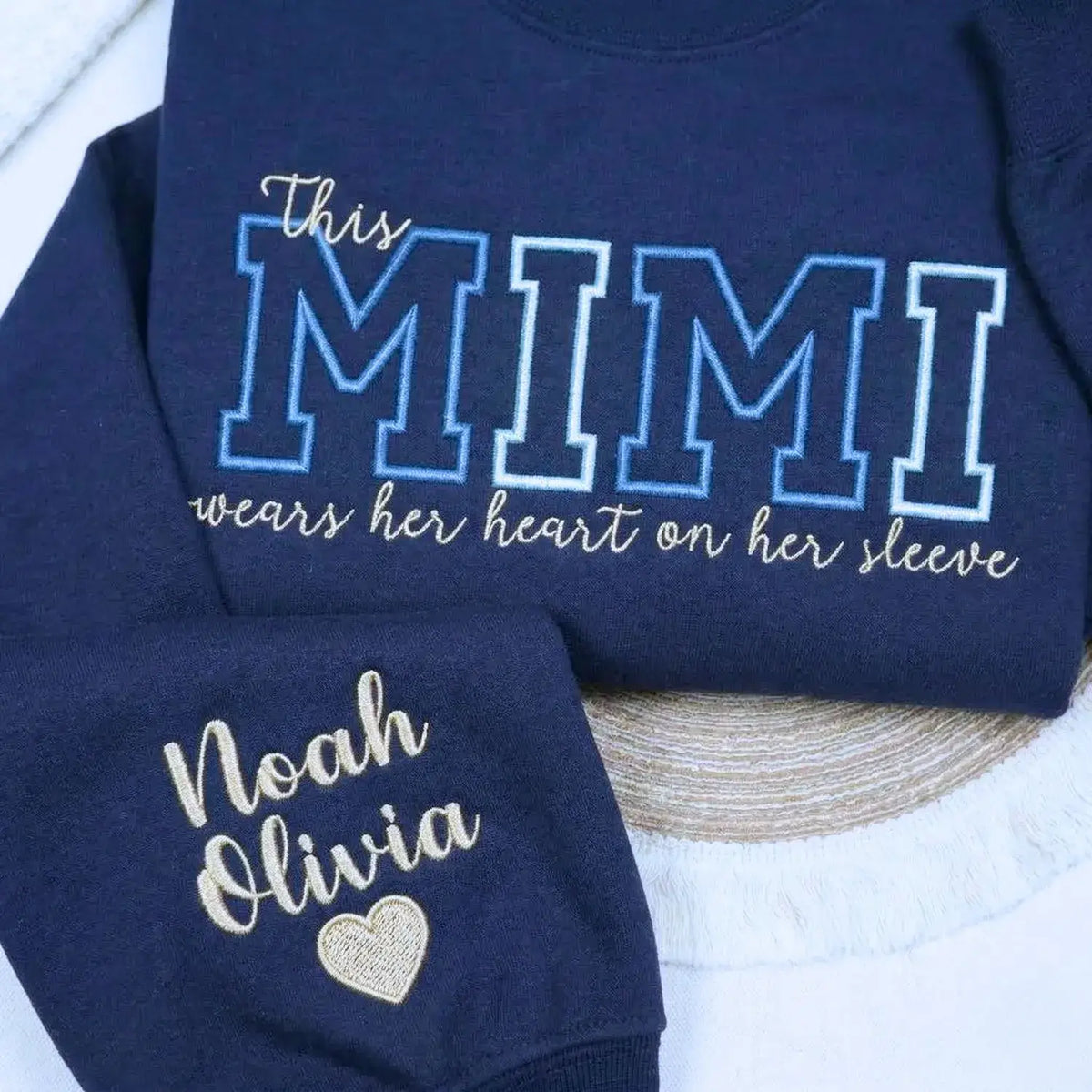 Custom embroidered Mimi sweatshirt with heart on sleeve design for personalized mother gift apparel