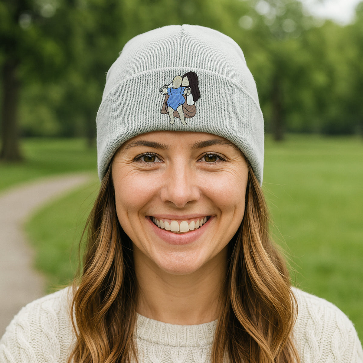 Custom embroidered beanie with photo portrait designed for mom, shown on cozy knit hat