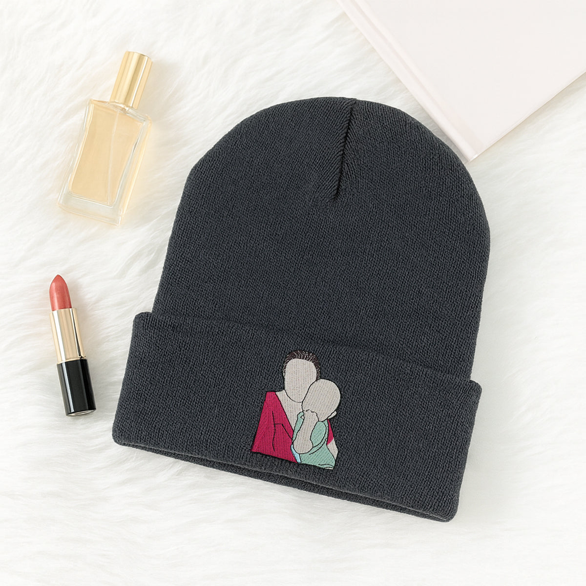 Custom embroidered beanie with photo portrait designed for mom, shown on cozy knit hat