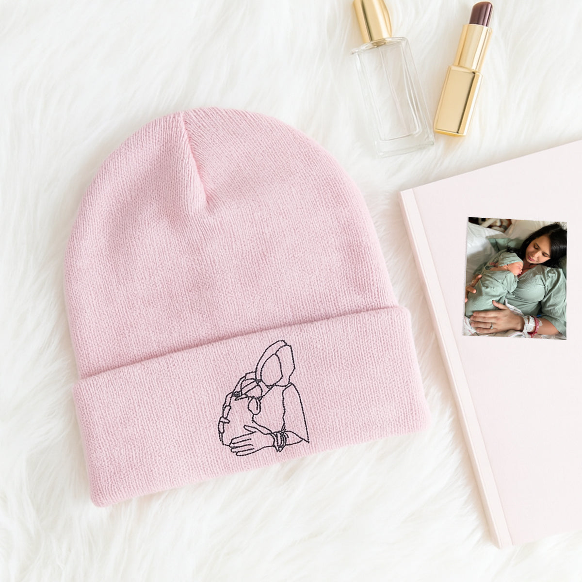 Custom embroidered beanie with photo portrait designed for mom, shown on cozy knit hat