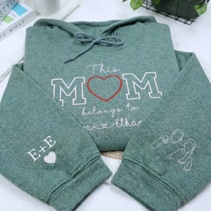Custom Embroidered This Mom Belongs To Sweatshirt with kids names and detailed photo portrait embroidery