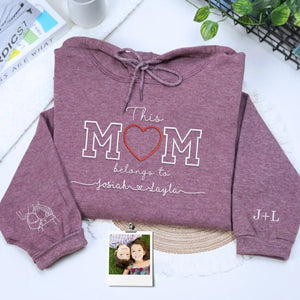 Custom Embroidered This Mom Belongs To Sweatshirt with kids names and detailed photo portrait embroidery