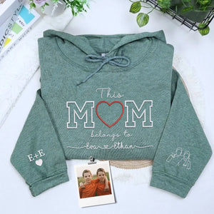 Custom Embroidered This Mom Belongs To Sweatshirt with kids names and detailed photo portrait embroidery