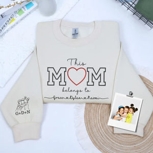 Custom Embroidered This Mom Belongs To Sweatshirt with kids names and detailed photo portrait embroidery