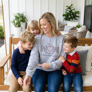 Custom Embroidered This Mom Belongs To Sweatshirt with kids names and detailed photo portrait embroidery