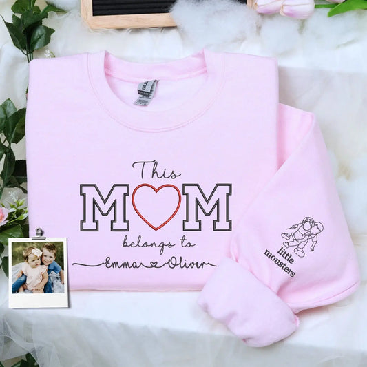 Custom Embroidered This Mom Belongs To Sweatshirt with kids names and detailed photo portrait embroidery