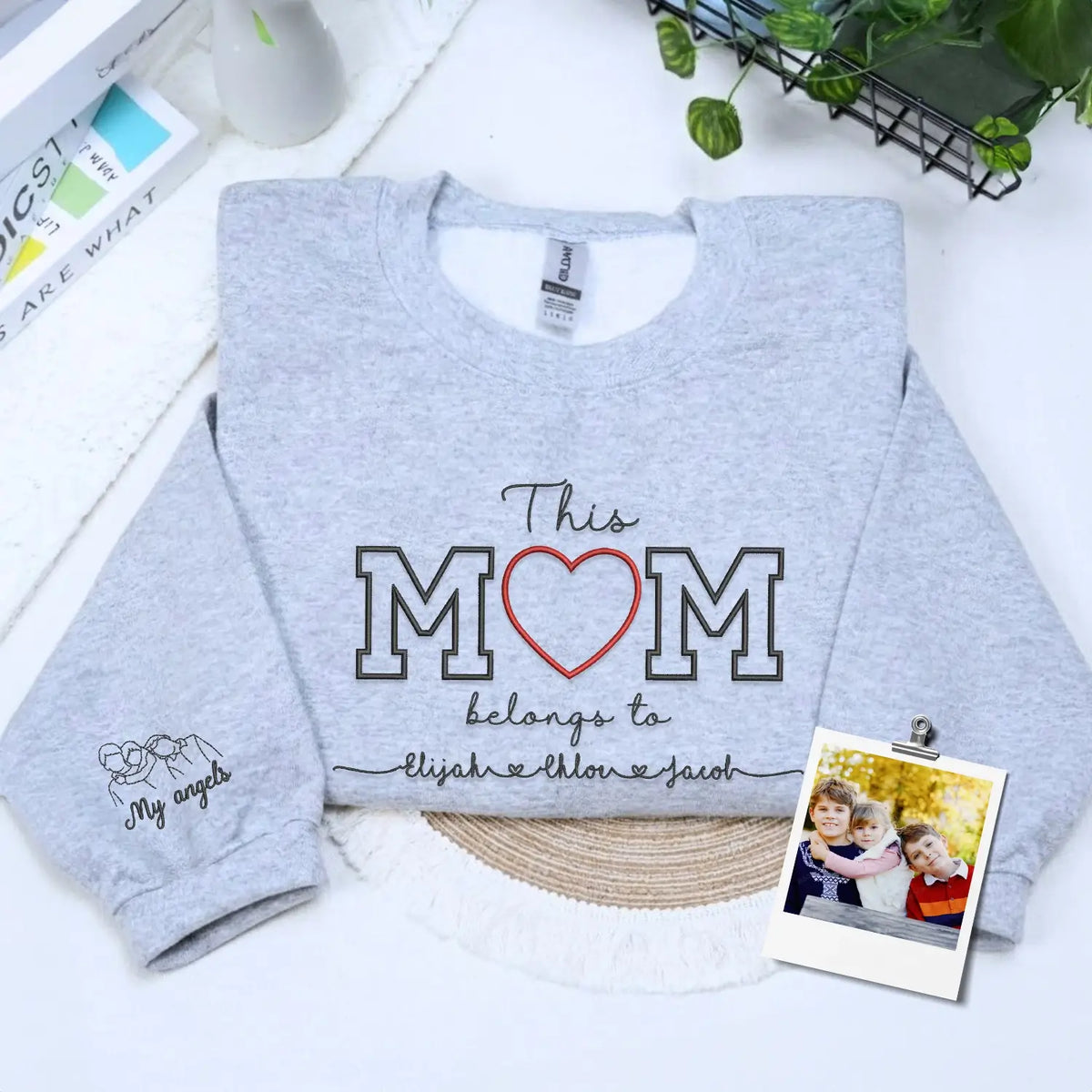 Custom Embroidered This Mom Belongs To Sweatshirt with kids names and detailed photo portrait embroidery