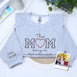 Custom Embroidered This Mom Belongs To Sweatshirt with kids names and detailed photo portrait embroidery