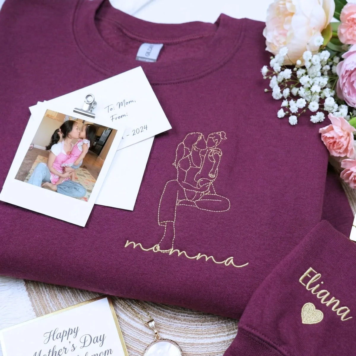 custom embroidered mom sweatshirt with line art family portrait from photo on hoodie fabric
