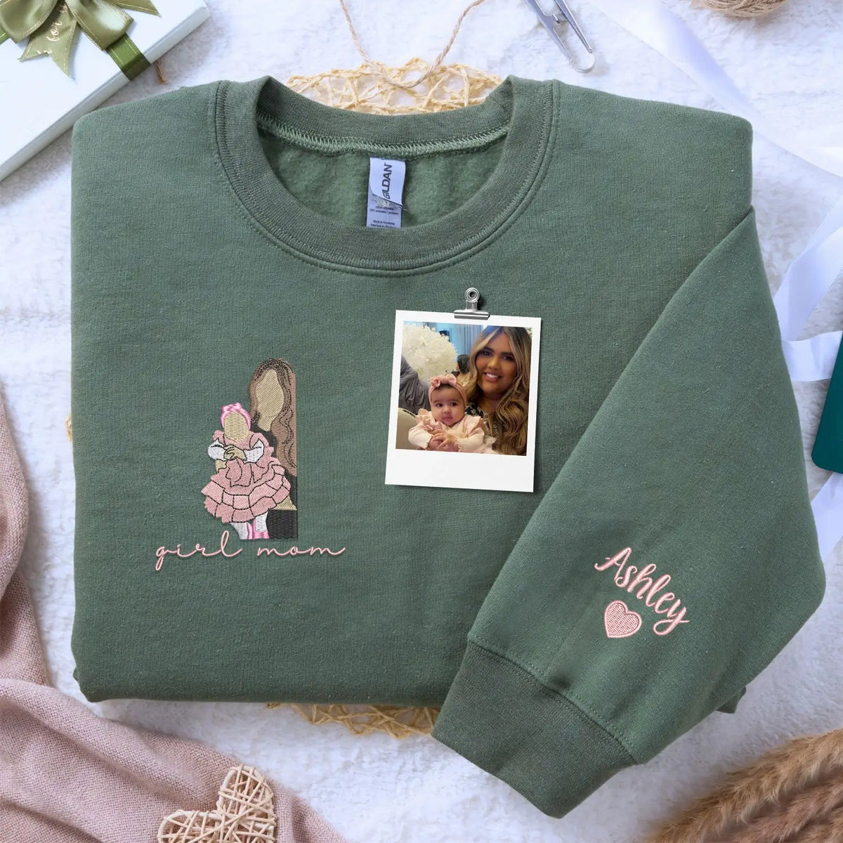 custom embroidered mom sweatshirt with kids names and personalized photo portrait hoodie gift