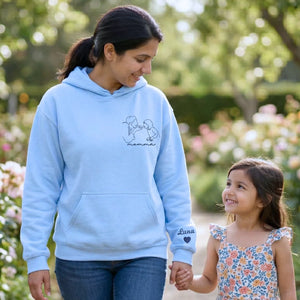 custom embroidered mom sweatshirt with line art family portrait from photo on hoodie fabric