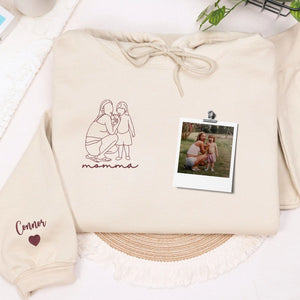 custom embroidered mom sweatshirt with line art family portrait from photo on hoodie fabric
