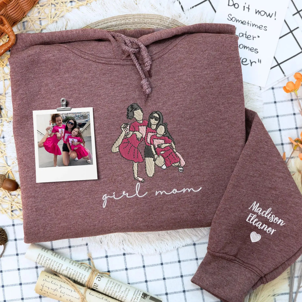 custom embroidered mom sweatshirt with kids names and personalized photo portrait hoodie gift