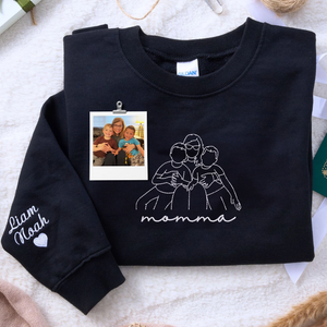 custom embroidered mom sweatshirt with line art family portrait from photo on hoodie fabric