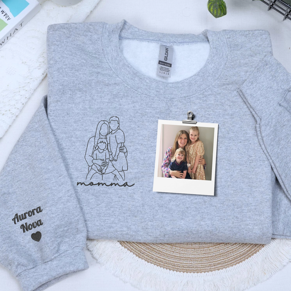 custom embroidered mom sweatshirt with line art family portrait from photo on hoodie fabric