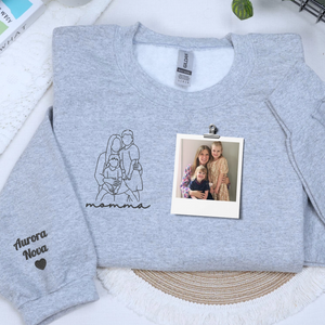 custom embroidered mom sweatshirt with line art family portrait from photo on hoodie fabric