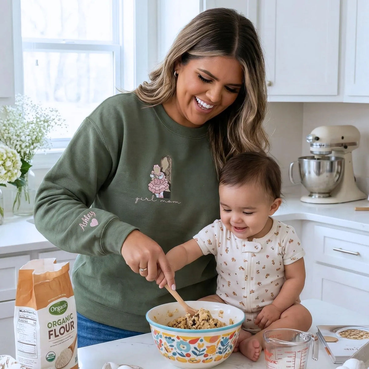 custom embroidered mom sweatshirt with kids names and personalized photo portrait hoodie gift