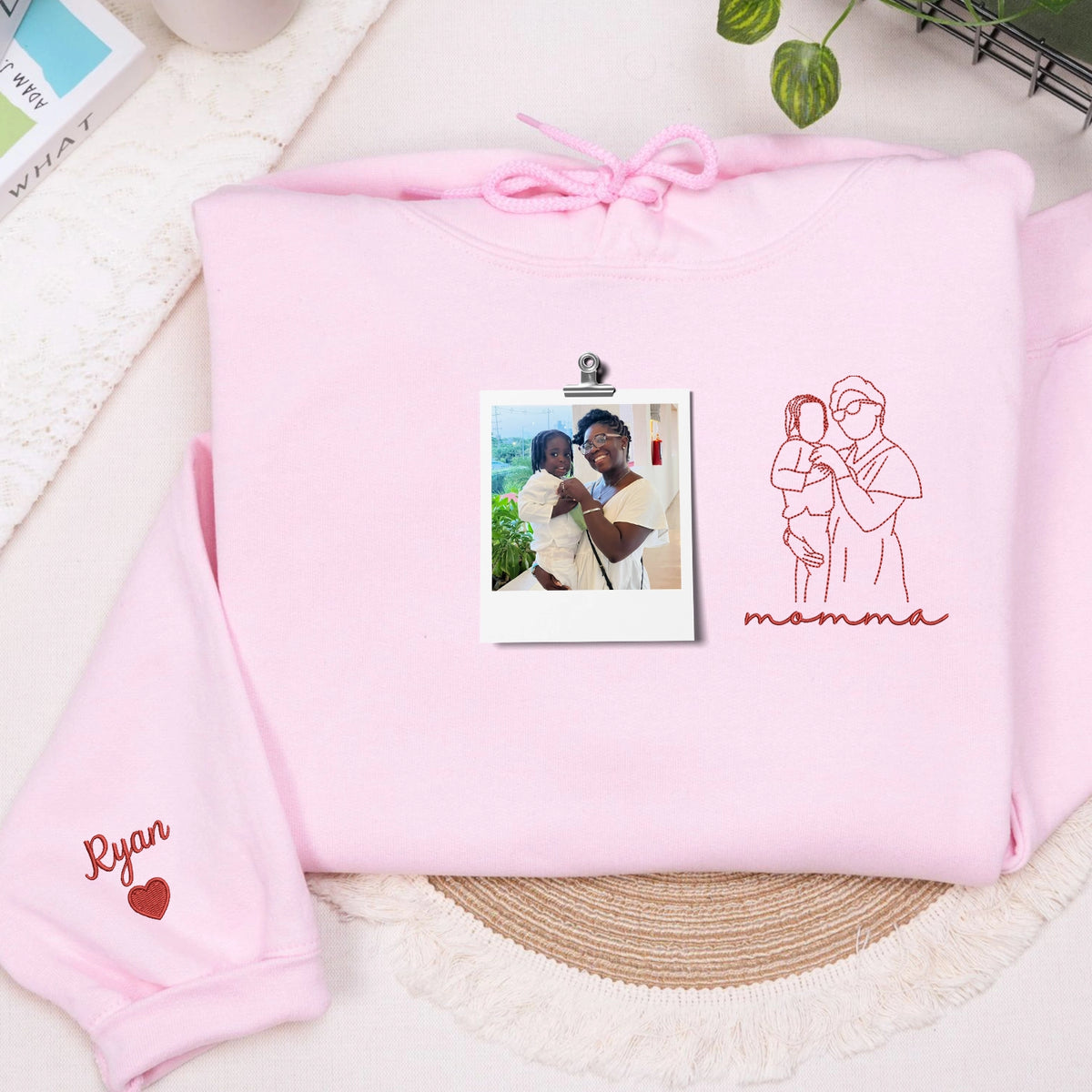 custom embroidered mom sweatshirt with line art family portrait from photo on hoodie fabric
