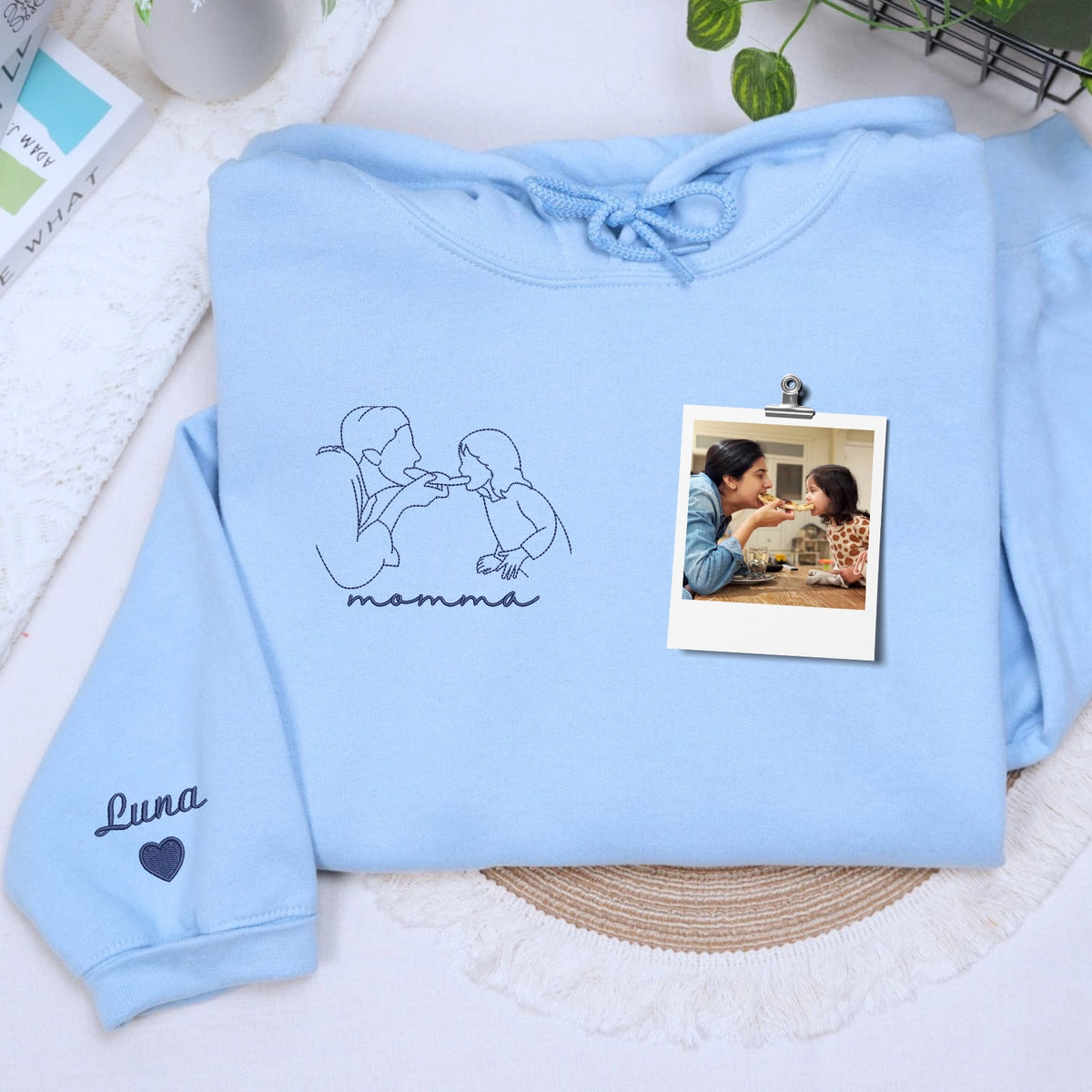 custom embroidered mom sweatshirt with line art family portrait from photo on hoodie fabric
