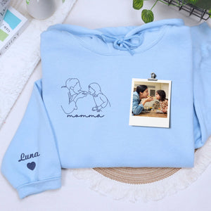 custom embroidered mom sweatshirt with line art family portrait from photo on hoodie fabric