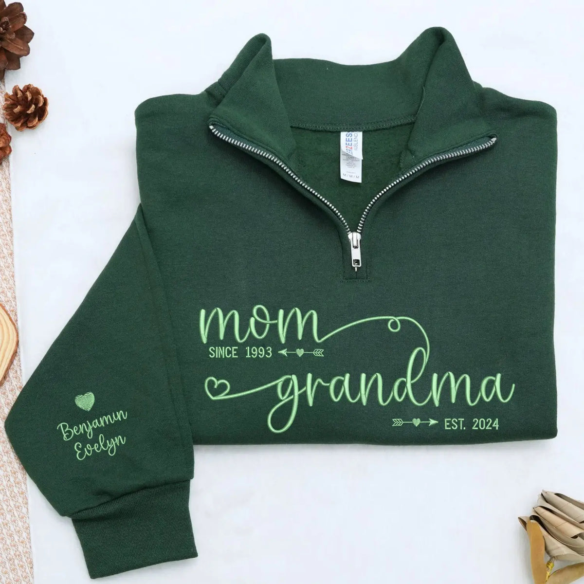 Custom embroidered mom to grandma EST quarter zip sweatshirt personalized gift for new grandma Mother's Day