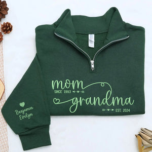 Custom embroidered mom to grandma EST quarter zip sweatshirt personalized gift for new grandma Mother's Day