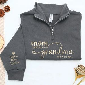 Custom embroidered mom to grandma EST quarter zip sweatshirt personalized gift for new grandma Mother's Day