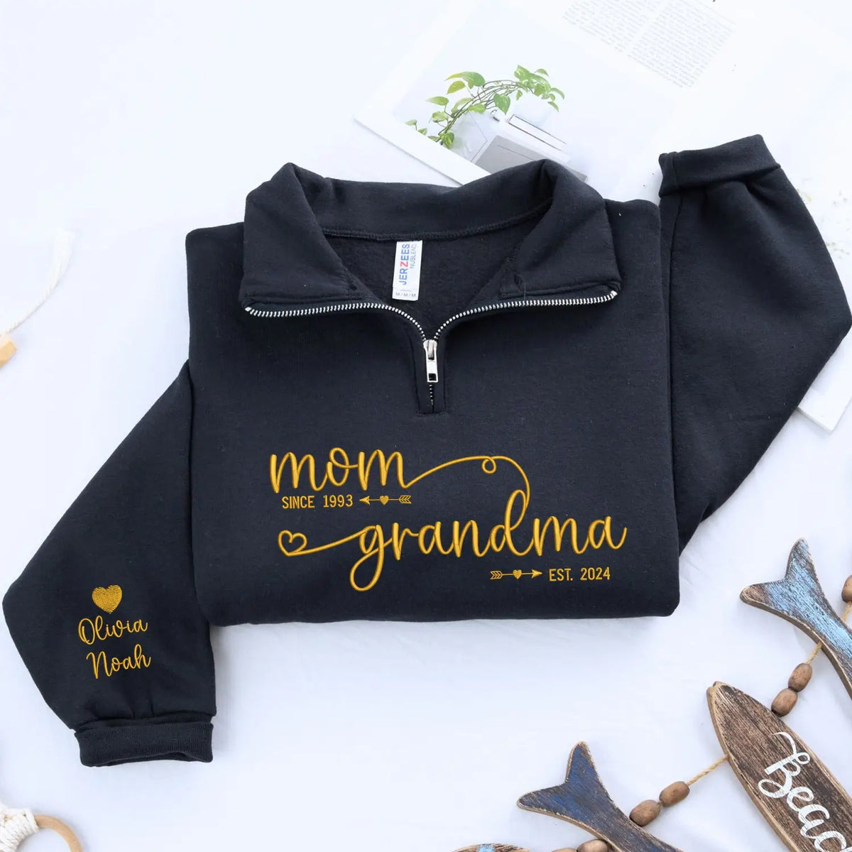 Custom embroidered mom to grandma EST quarter zip sweatshirt personalized gift for new grandma Mother's Day